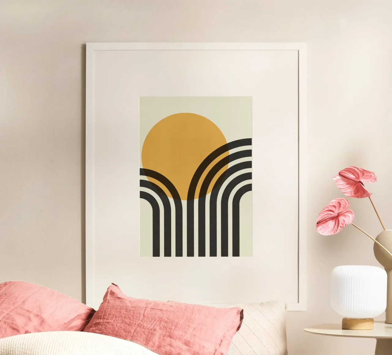 sole curve archi cerchio arancione linee nere poster con telaio in legno da Patrick M Gerber