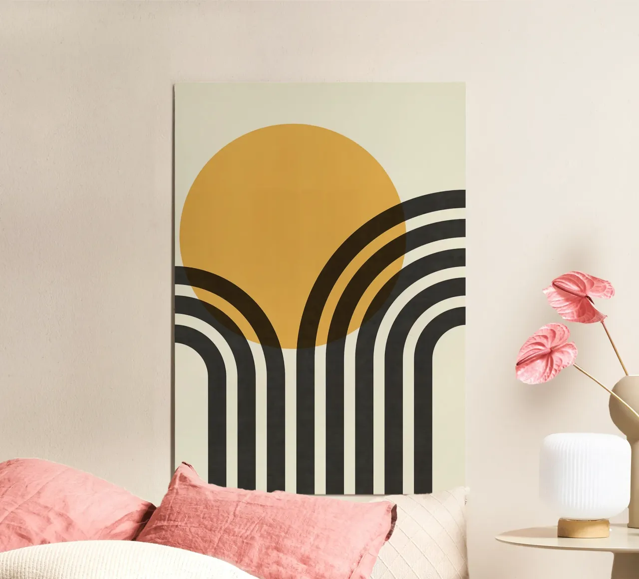 sole curve archi cerchio arancione linee nere poster con telaio in legno da Patrick M Gerber