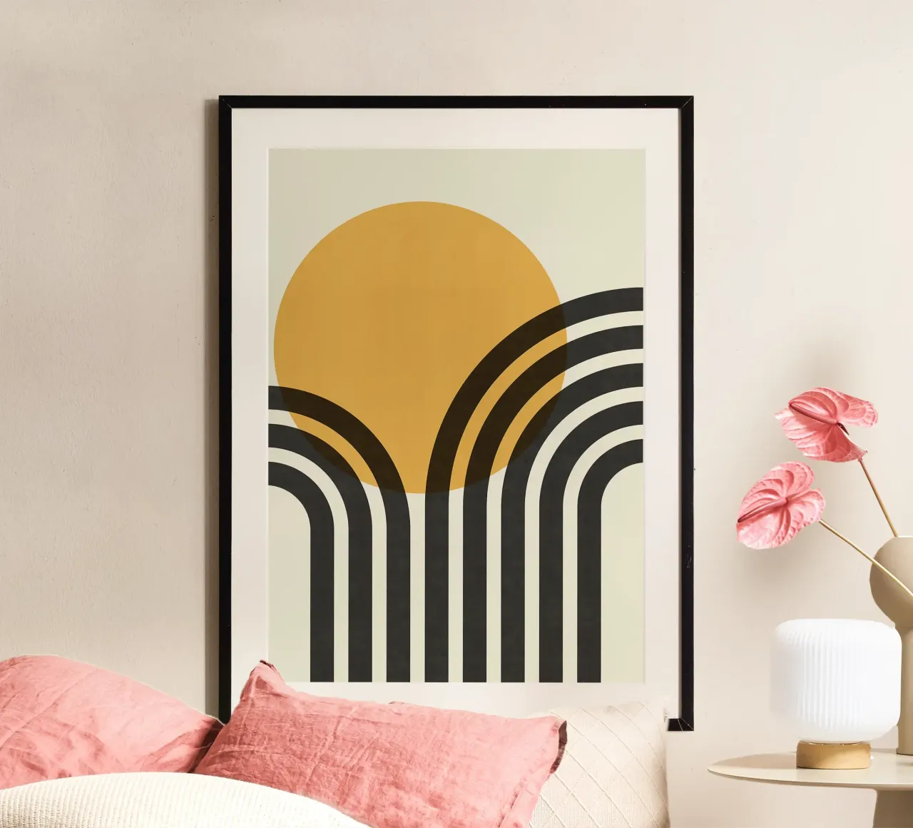 sole curve archi cerchio arancione linee nere poster con telaio in legno da Patrick M Gerber