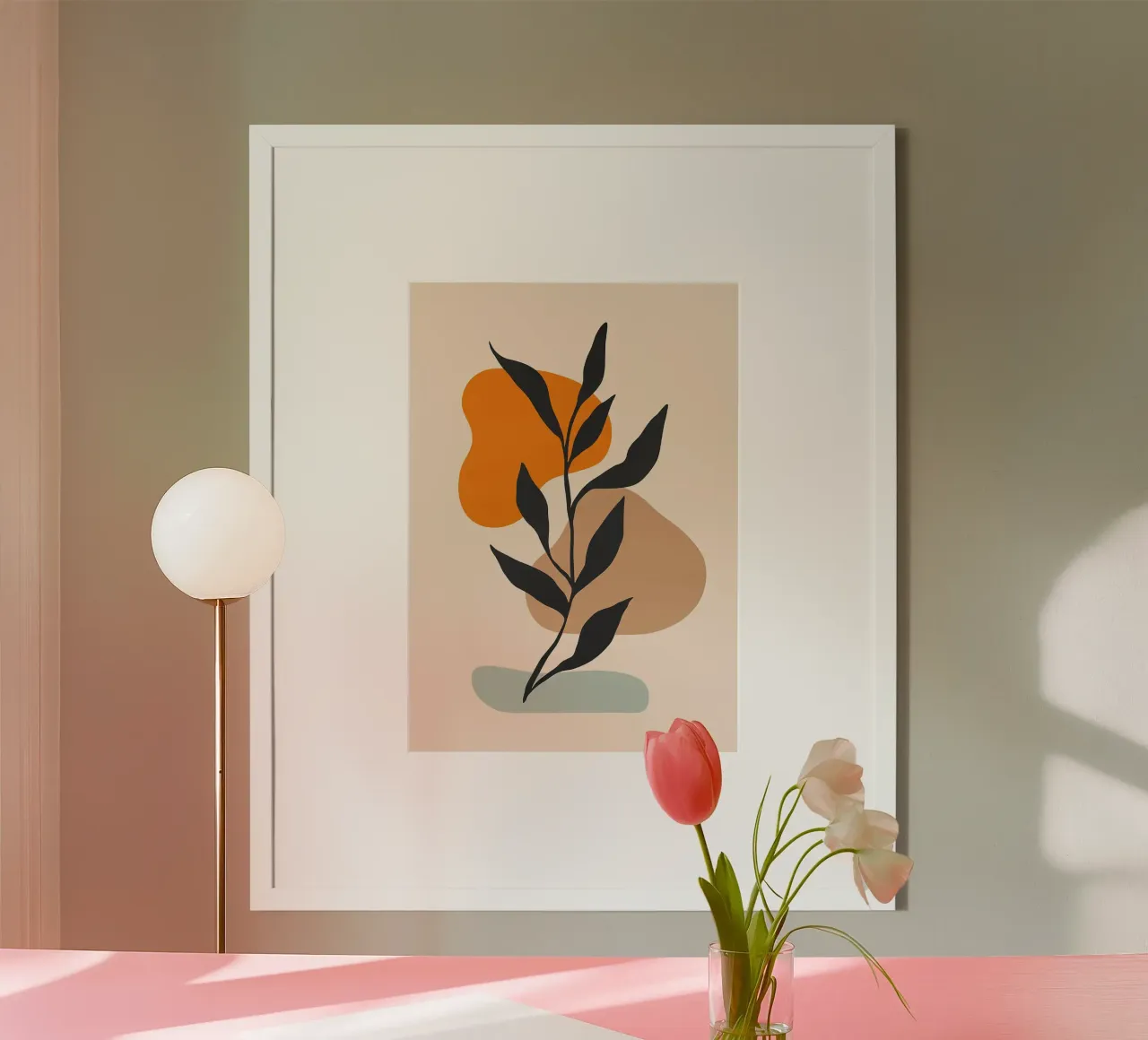 blad abstracte vormen oranje vorm bruin vorm poster met houten frame van Patrick M Gerber