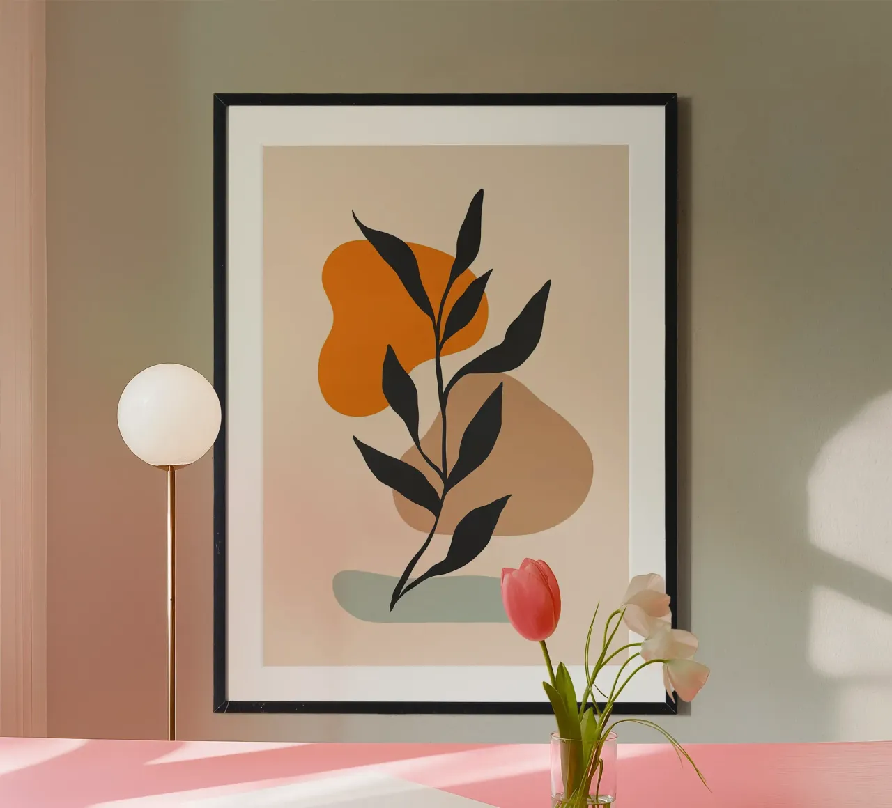 blad abstracte vormen oranje vorm bruin vorm poster met houten frame van Patrick M Gerber