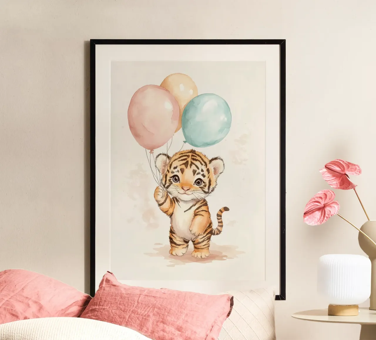 palloncini a forma di cucciolo di tigre poster con telaio in alluminio da Thomas Weber
