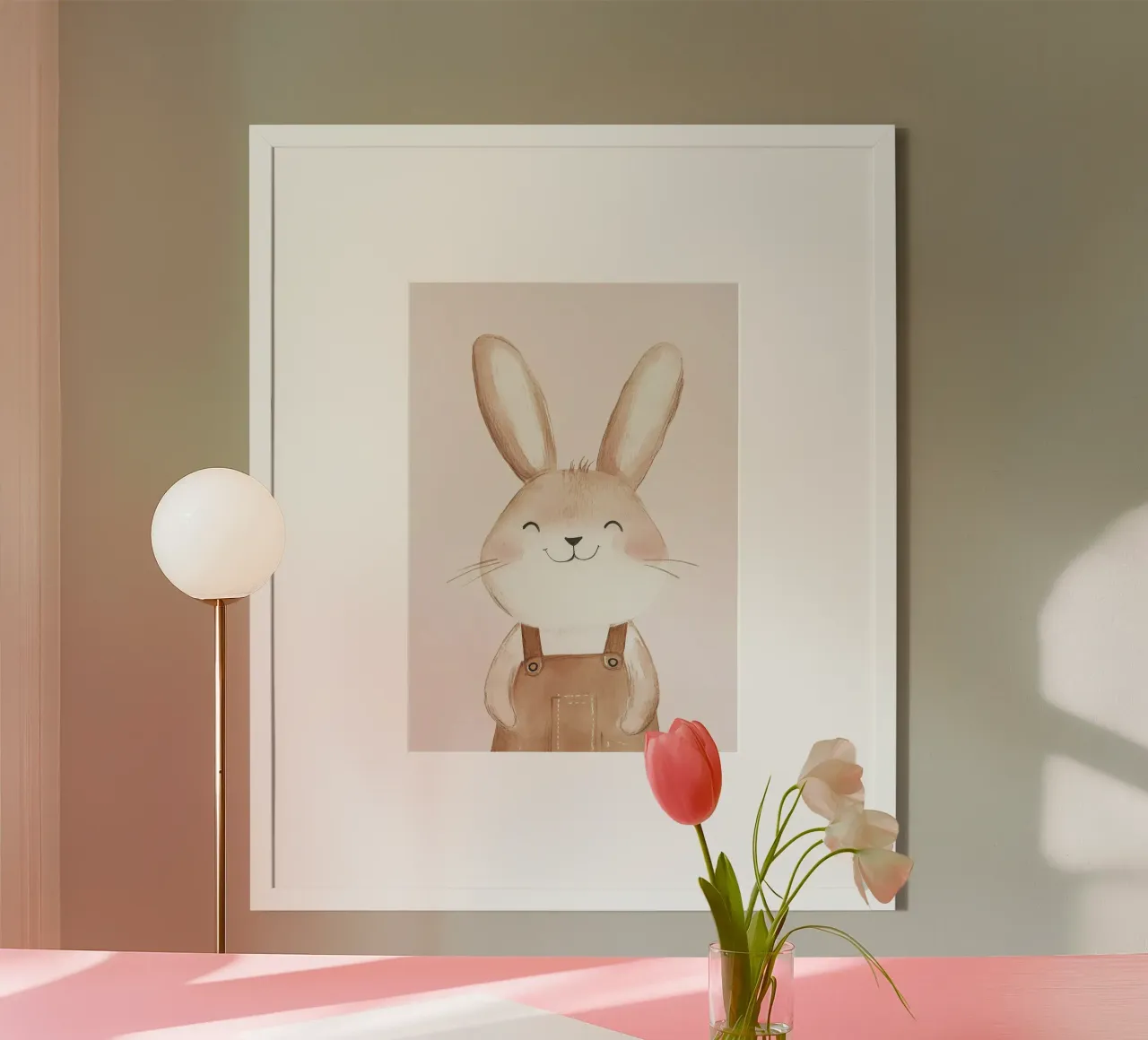 coniglio sorridente salopette carino blush poster con telaio in legno da Thomas Weber