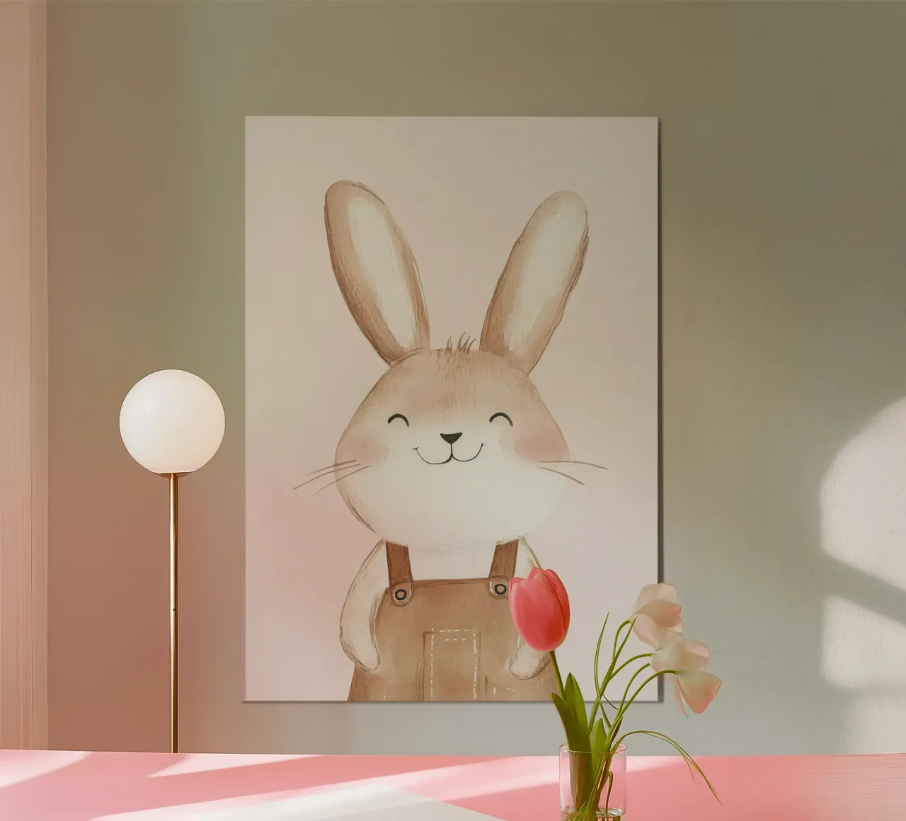 coniglio sorridente salopette carino blush poster con telaio in legno da Thomas Weber
