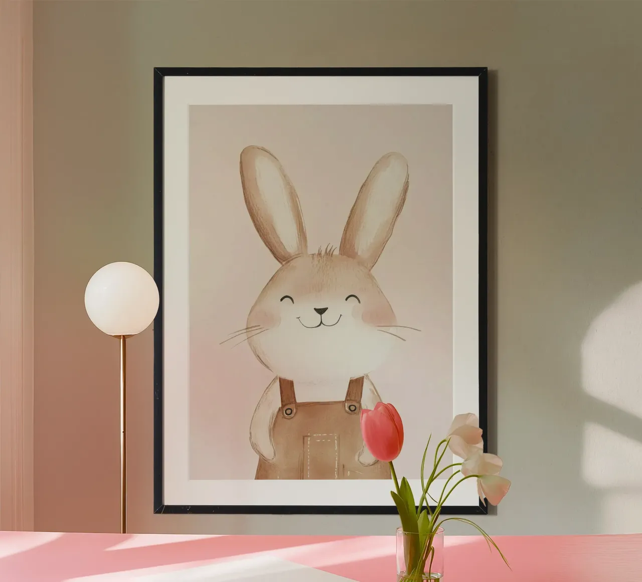 coniglio sorridente salopette carino blush poster con telaio in legno da Thomas Weber