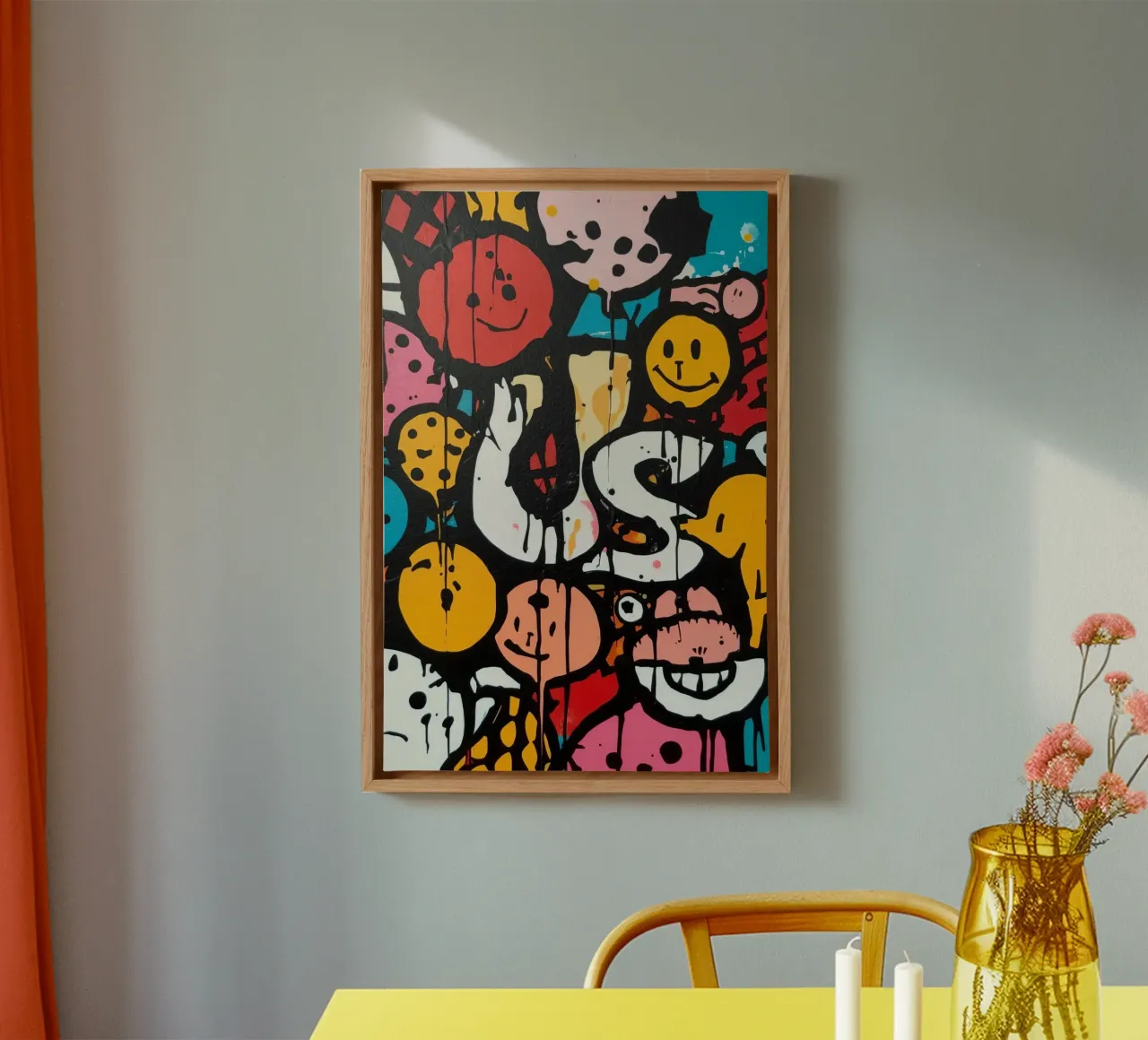 Abstract Painting with Cartoon Graffiti Drips canvas with Floater frame by DesignDoodle