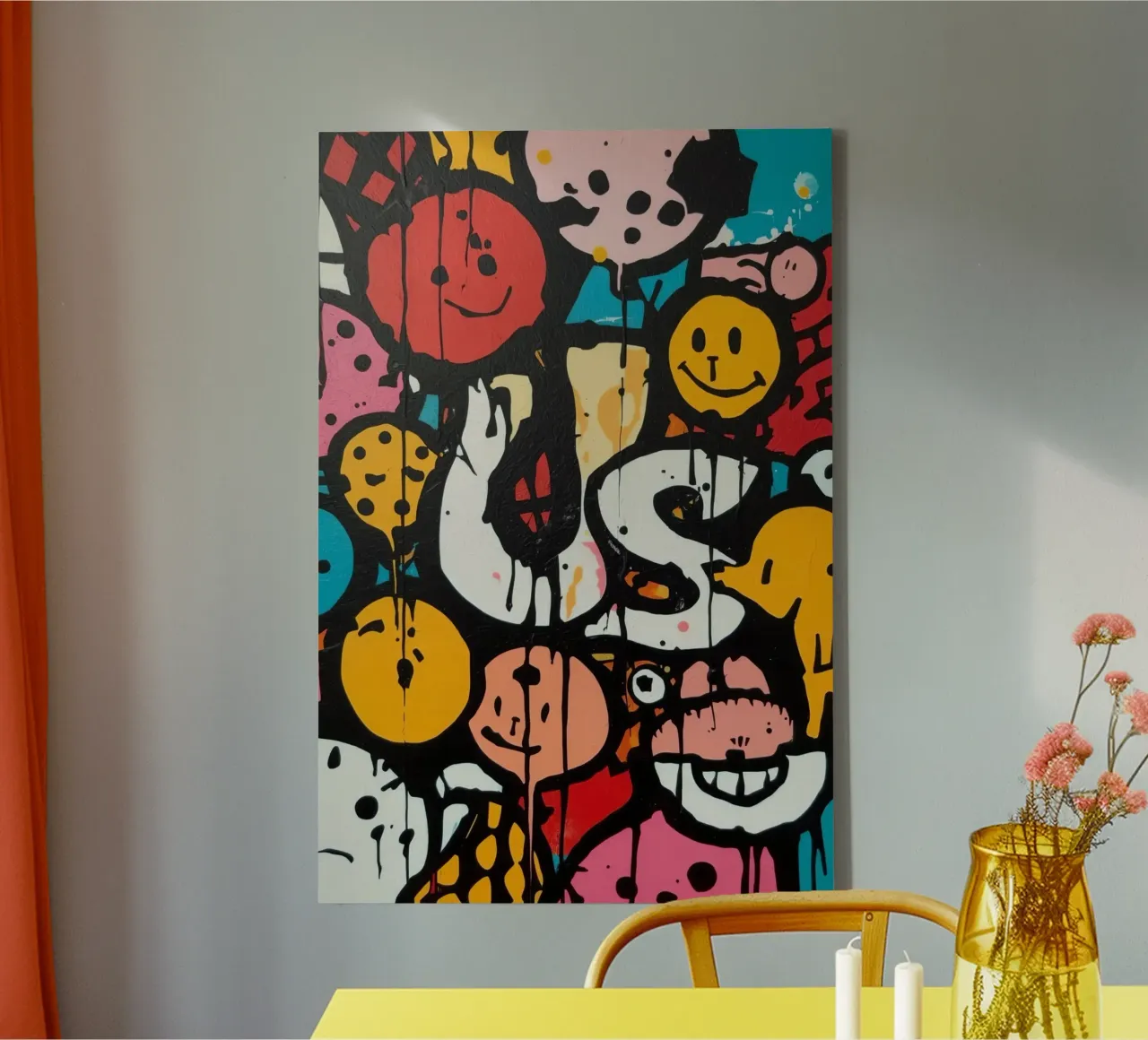 Abstract Painting with Cartoon Graffiti Drips canvas with Floater frame by DesignDoodle