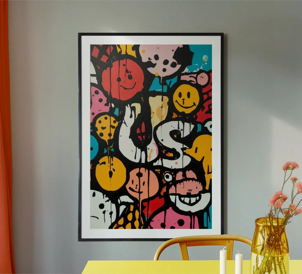 Pintura abstracta con graffiti de dibujos animados poster con marco de madera de DesignDoodle