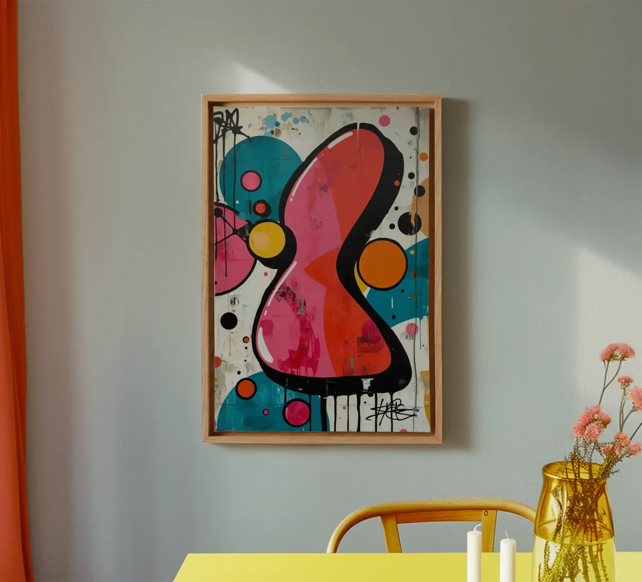 Pintura abstracta con formas geométricas y gotas de pintura lienzo con Marco flotante de DesignDoodle