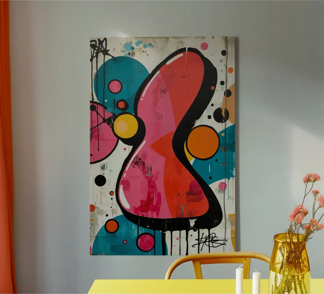 Pintura abstracta con formas geométricas y gotas de pintura lienzo con Marco flotante de DesignDoodle