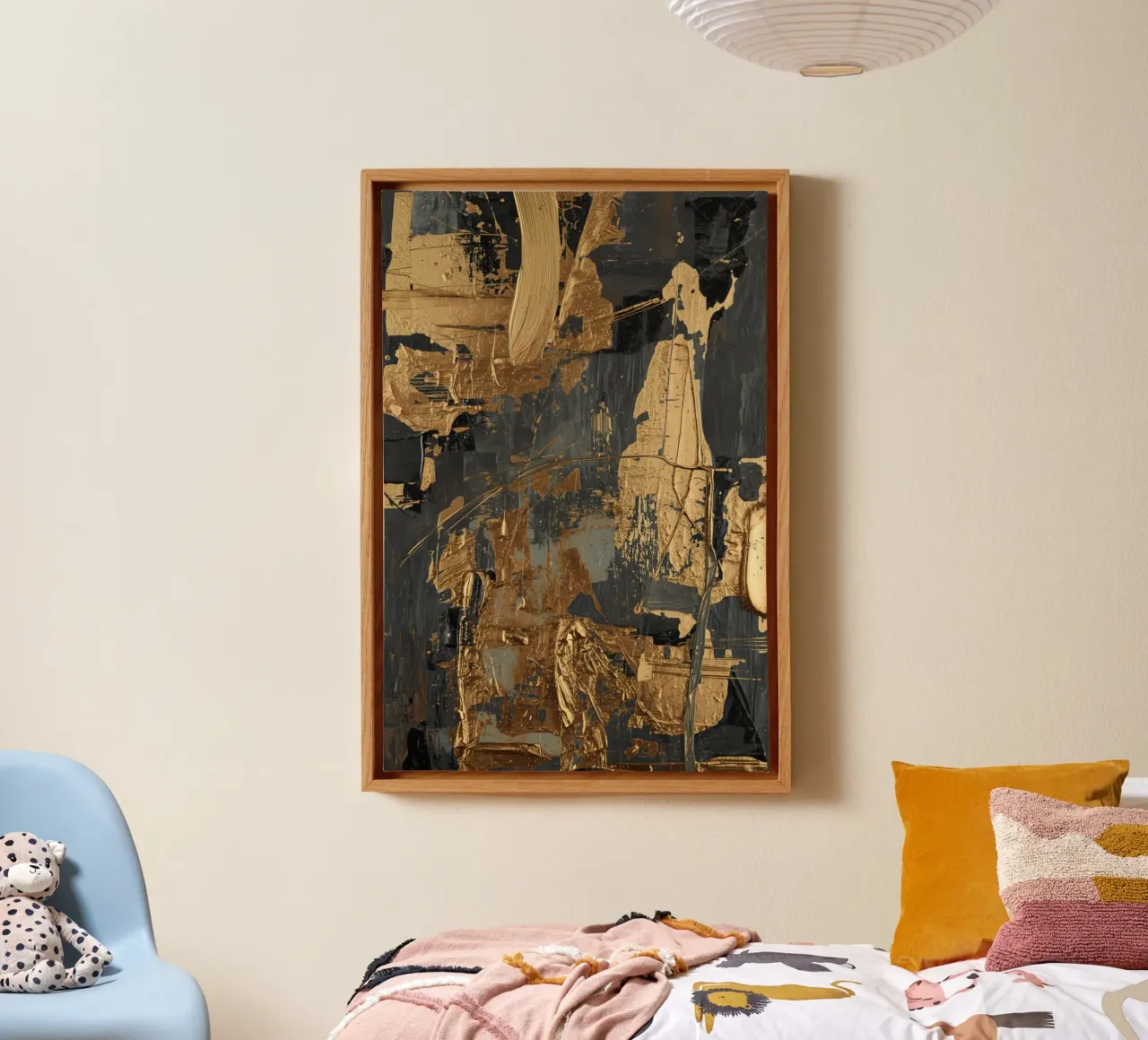 Abstract schilderij met goud en donkergrijze verf canvas met Baklijst van DesignDoodle