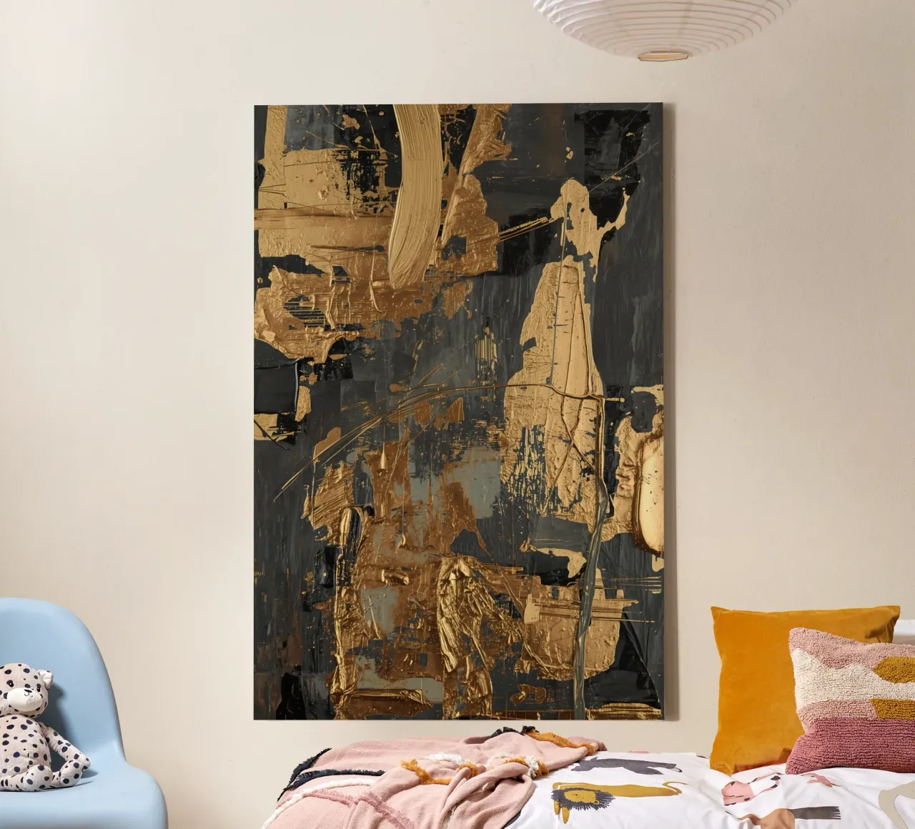 Abstract schilderij met goud en donkergrijze verf canvas met Baklijst van DesignDoodle