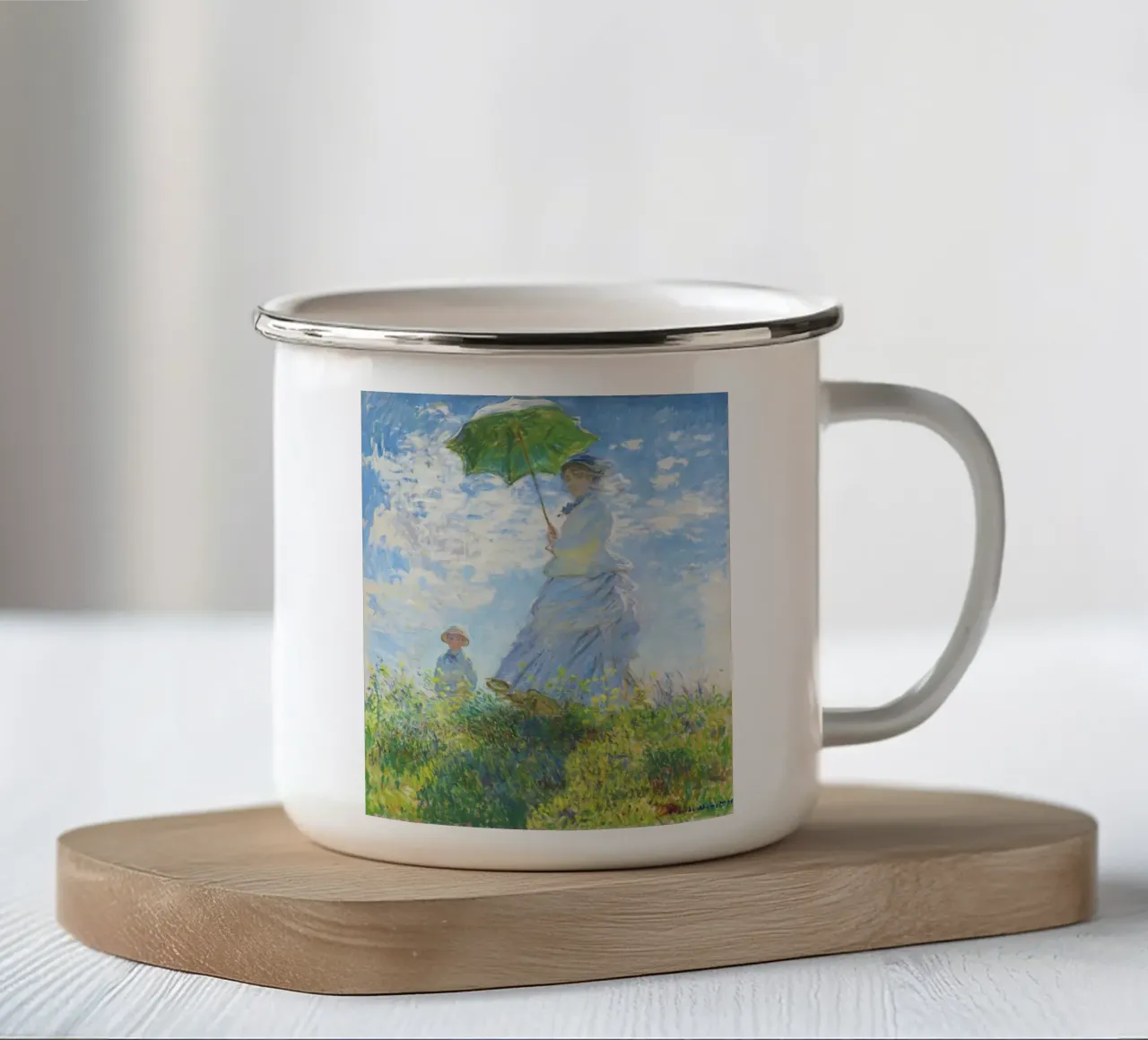 Donna con ombrellino di Claude Monet (1875) tazza in smalto da Venus Art