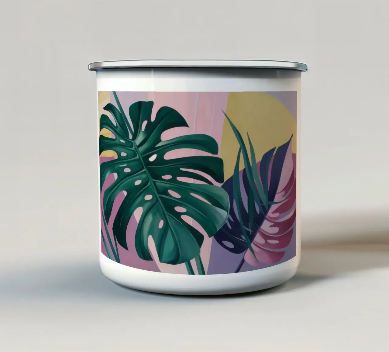 Foglie di Monstera nebbiosa tazza in smalto da Snow Mist