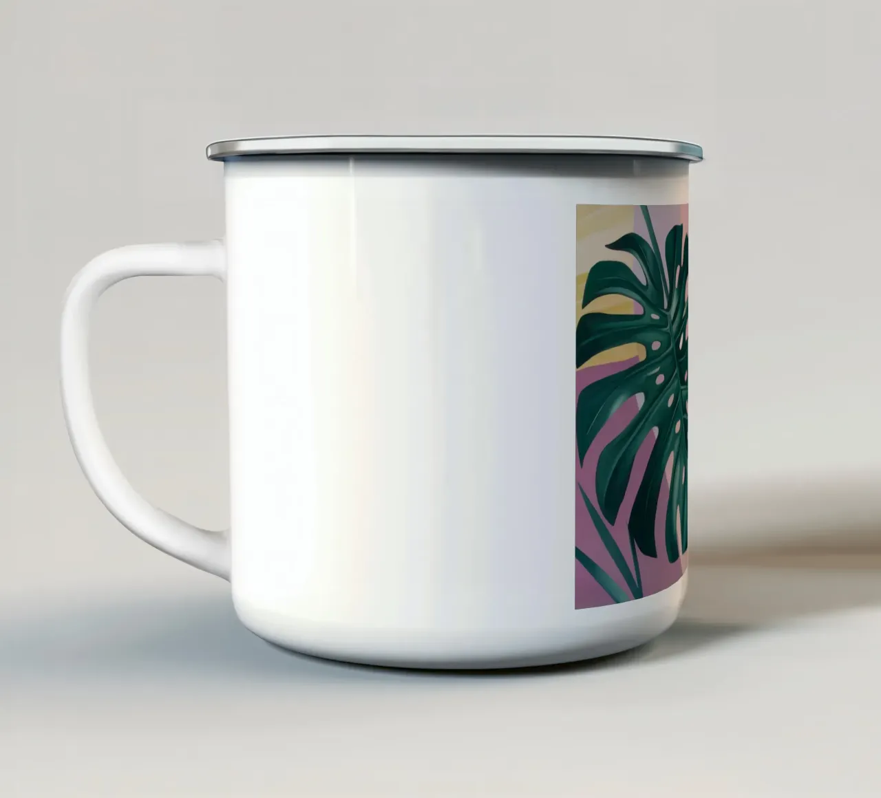 Foglie di Monstera nebbiosa tazza in smalto da Snow Mist
