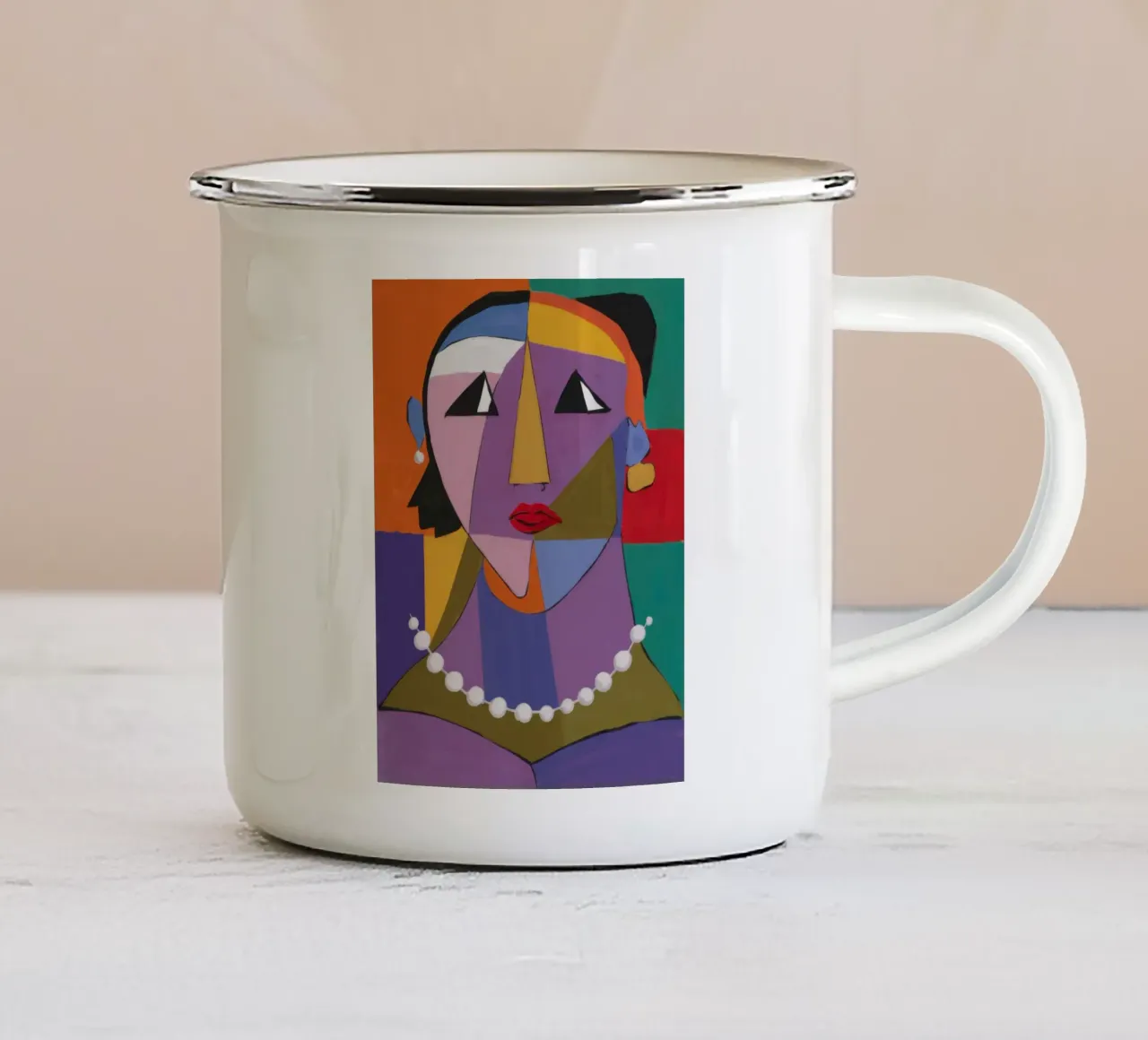 Ritratto geometrico con perle tazza in smalto da Snow Mist