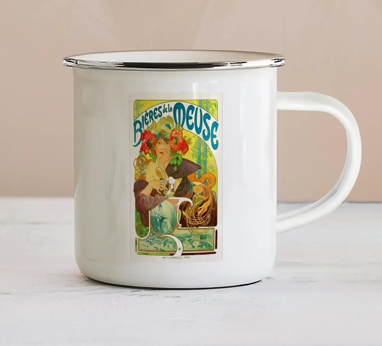 Bières de la Meuse di Alphonse Mucha tazza in smalto da Venus Art