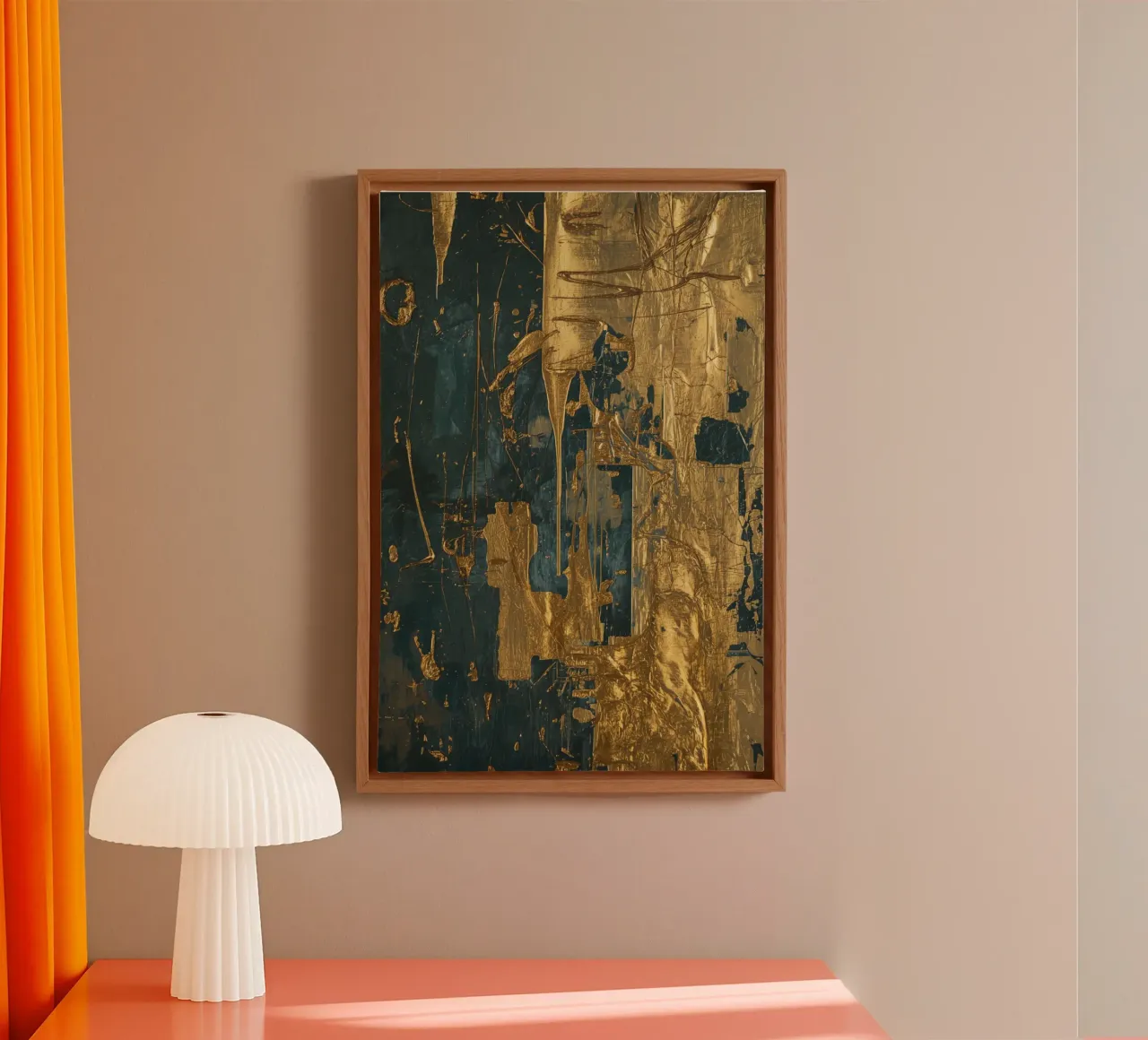 Abstract Painting with Teal and Gold Textures canvas with Floater frame by DesignDoodle