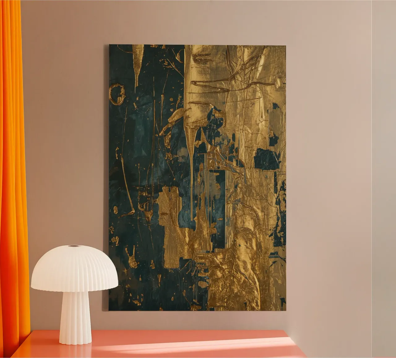 Abstract Painting with Teal and Gold Textures canvas with Floater frame by DesignDoodle