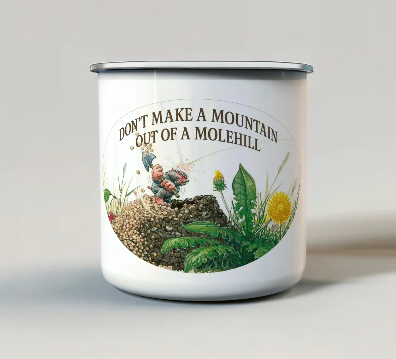 DON´T MAKE A MOUNTAIN OUT OF A MOLEHILL tazza in smalto da Vintage Van Gogh