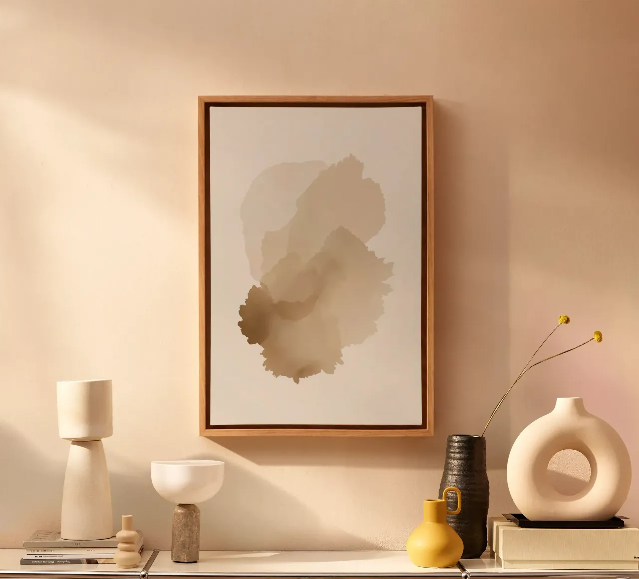 Pila di forme astratte acquerellate Tan tela con Cornice a cassetta da DesignDoodle