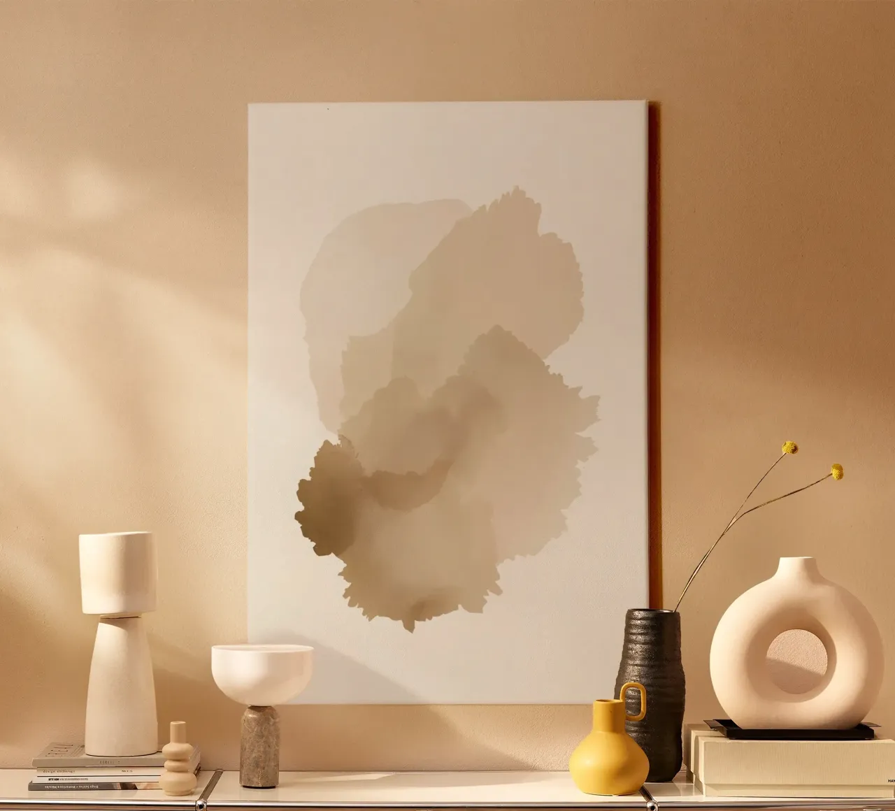 Pila di forme astratte acquerellate Tan tela con Cornice a cassetta da DesignDoodle