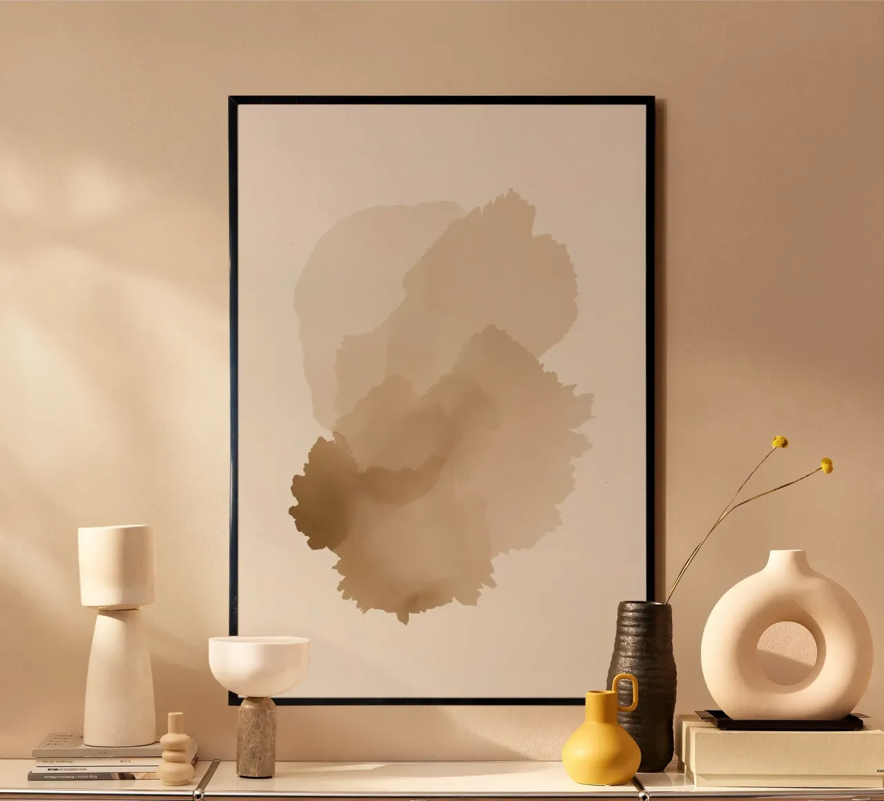Pila di forme astratte acquerellate Tan poster con telaio in alluminio da DesignDoodle