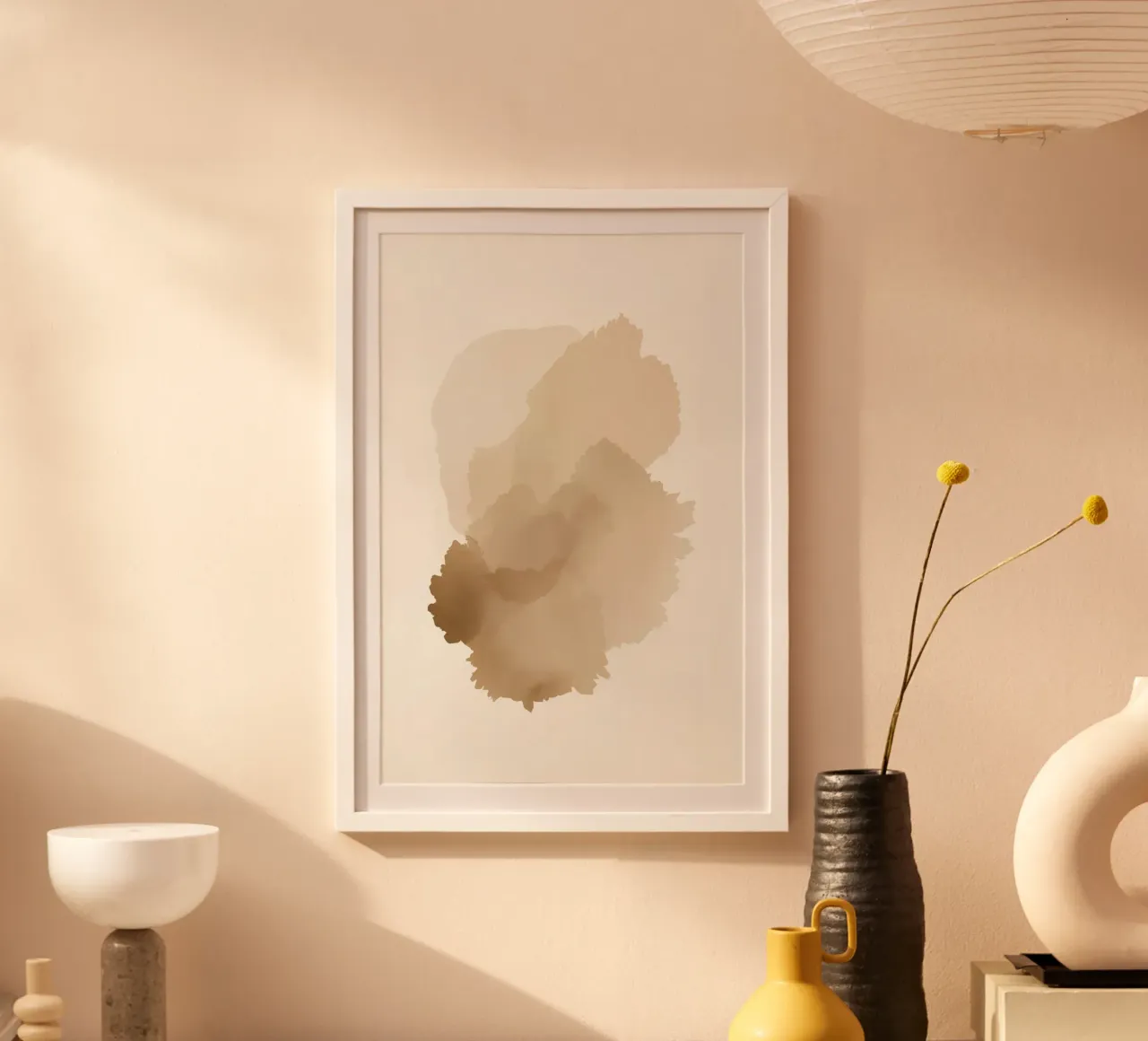 Pila di forme astratte acquerellate Tan poster con telaio in alluminio da DesignDoodle