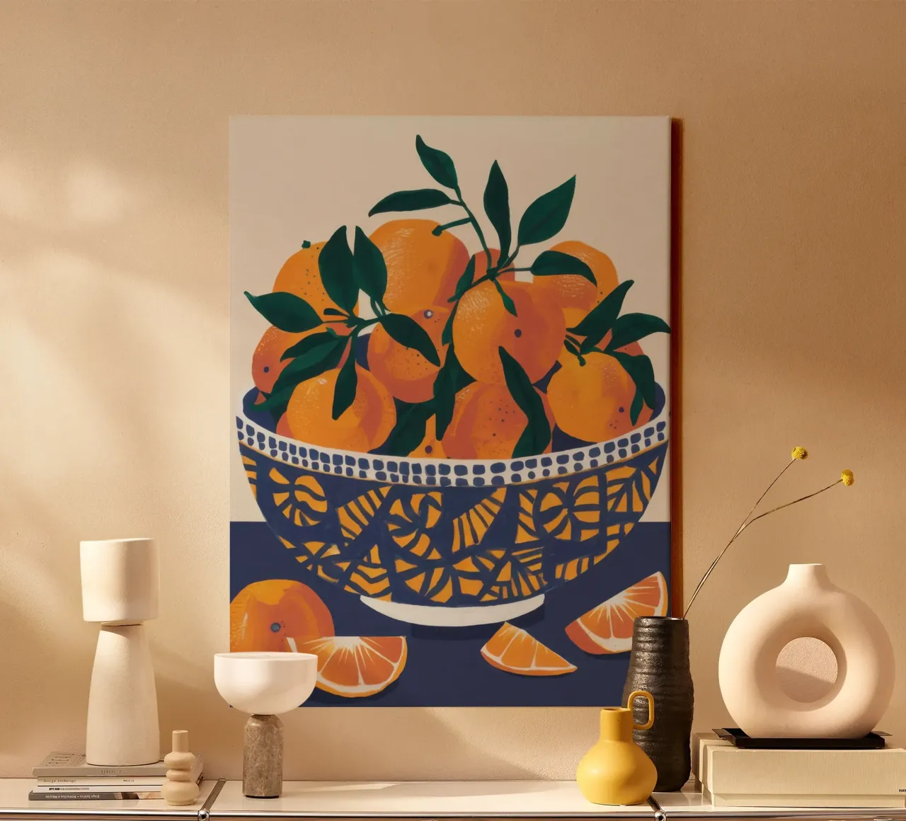 Bowl of Valencia Oranges canvas with Floater frame by Snow Mist
