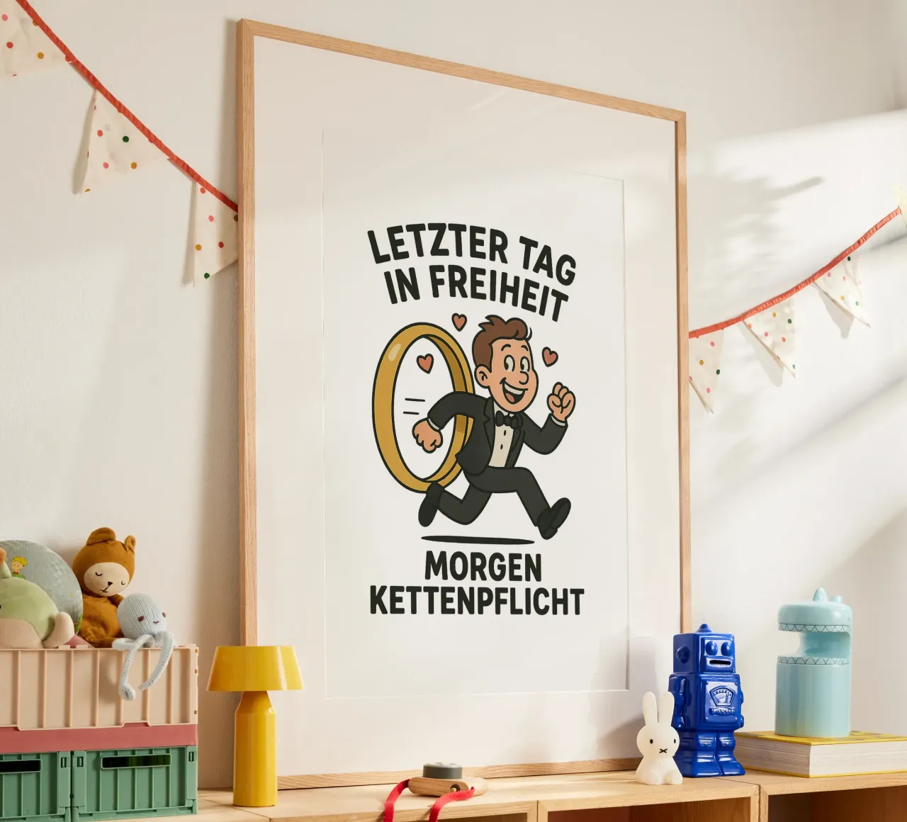 Letzter Tag in Freiheit - morgen Kettenpflicht - Junggeselle poster con telaio in legno da lorbass