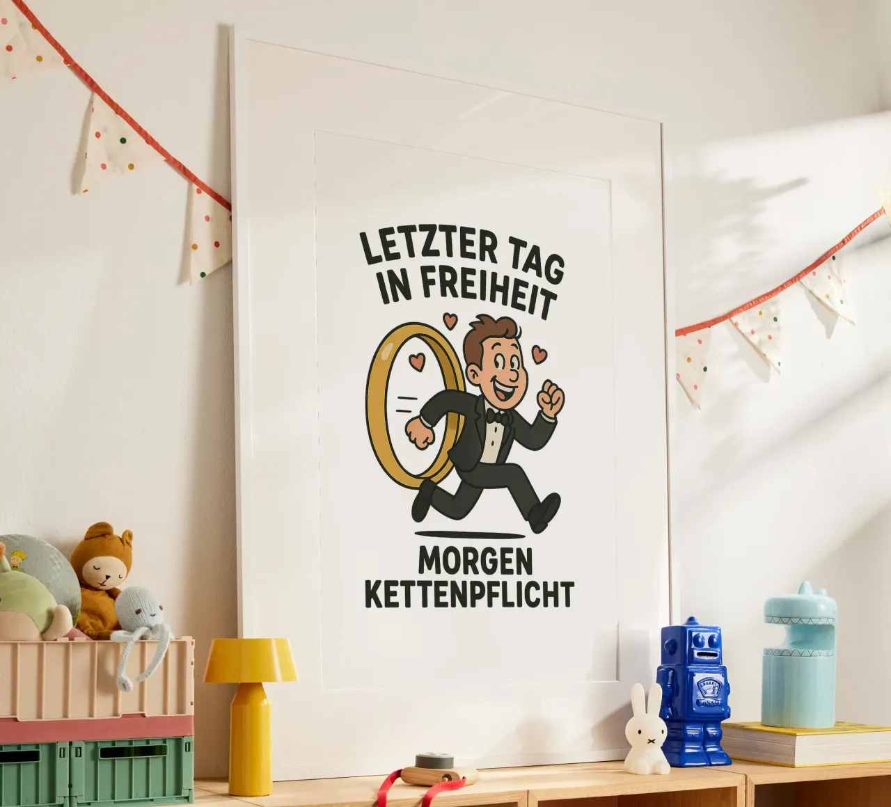 Letzter Tag in Freiheit - morgen Kettenpflicht - Junggeselle poster con telaio in legno da lorbass