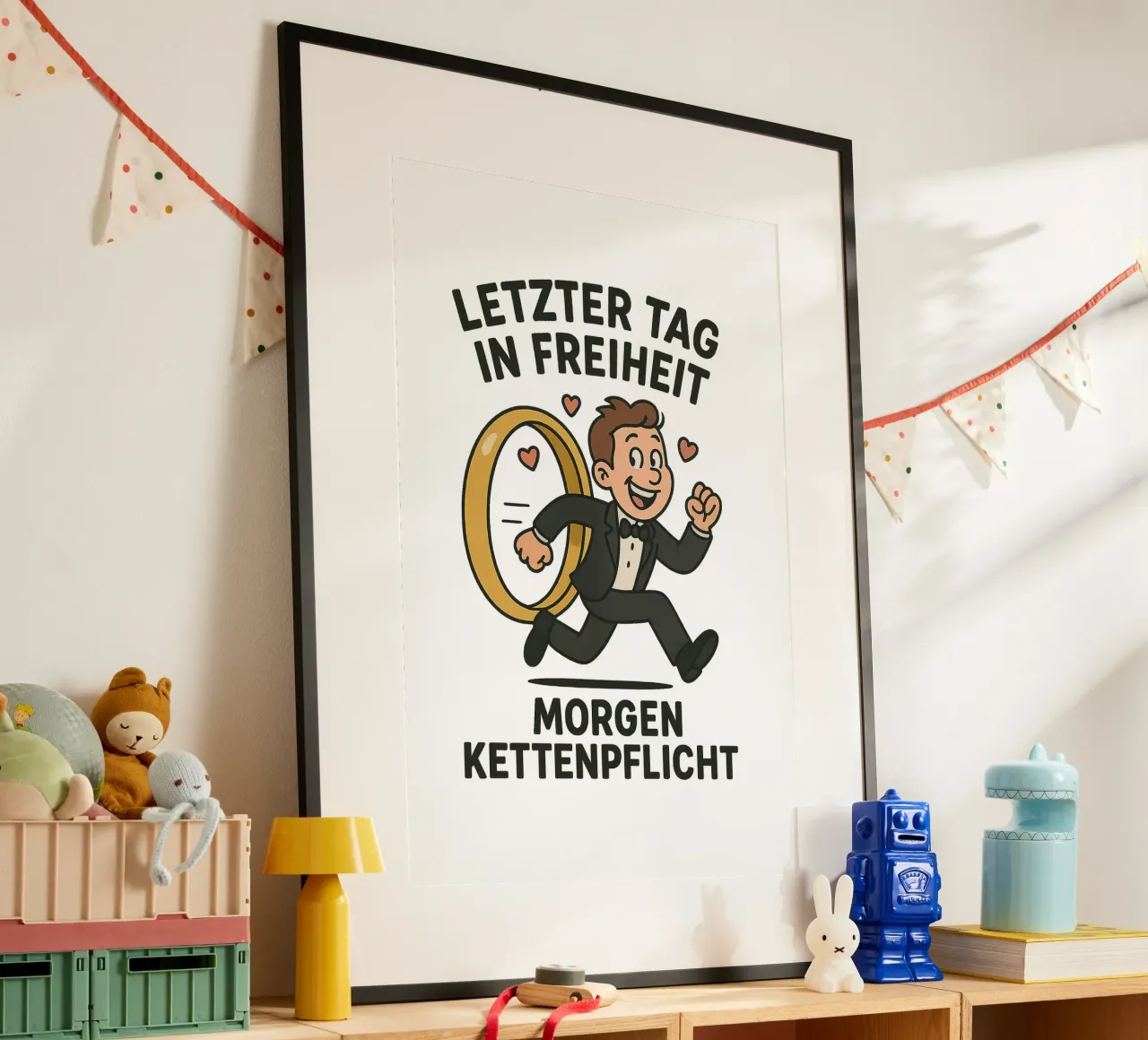 Letzter Tag in Freiheit - morgen Kettenpflicht - Junggeselle poster con telaio in legno da lorbass