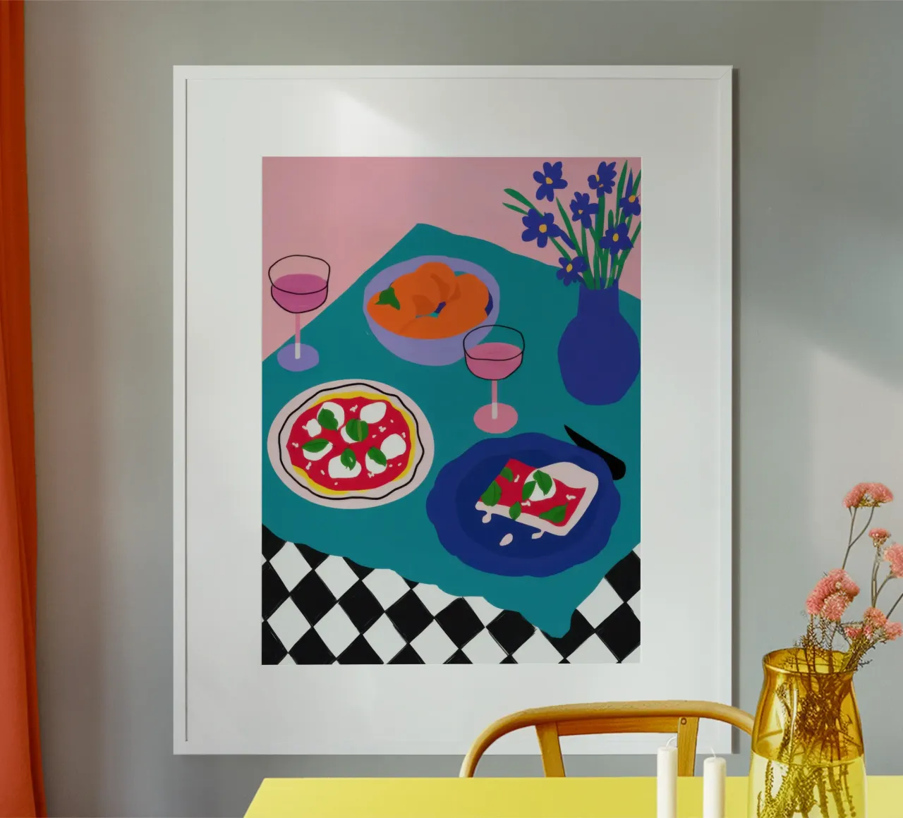 Rooftop Pizza Romance poster con telaio in legno da Bruce Juice