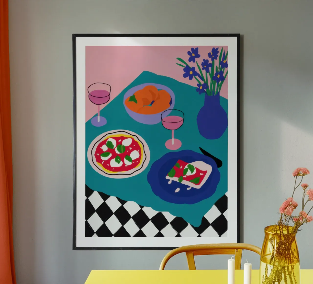 Rooftop Pizza Romance poster con telaio in legno da Bruce Juice