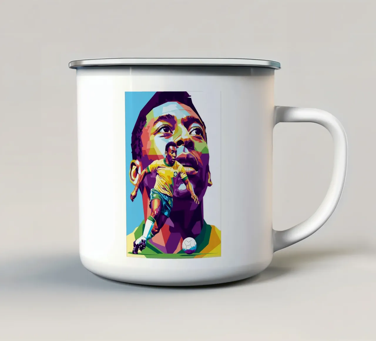 Ritratto pop art colorato di Pele tazza in smalto da Hantamrata