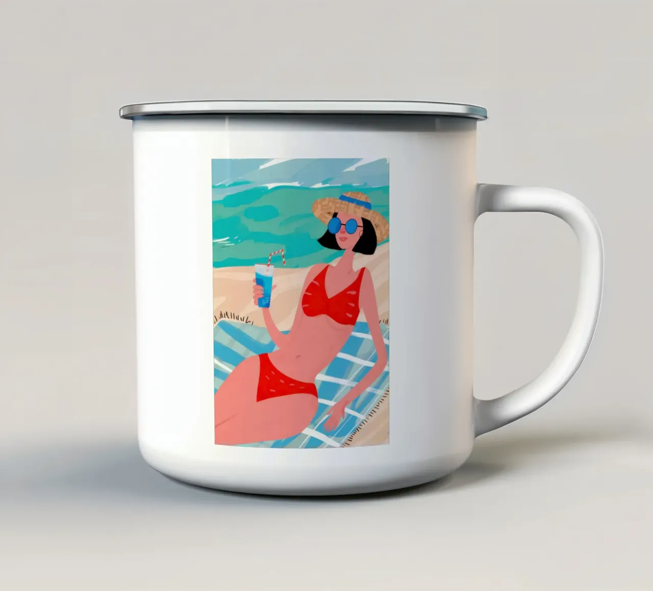 Seaside Reading Repose enamel mug by Snow Mist