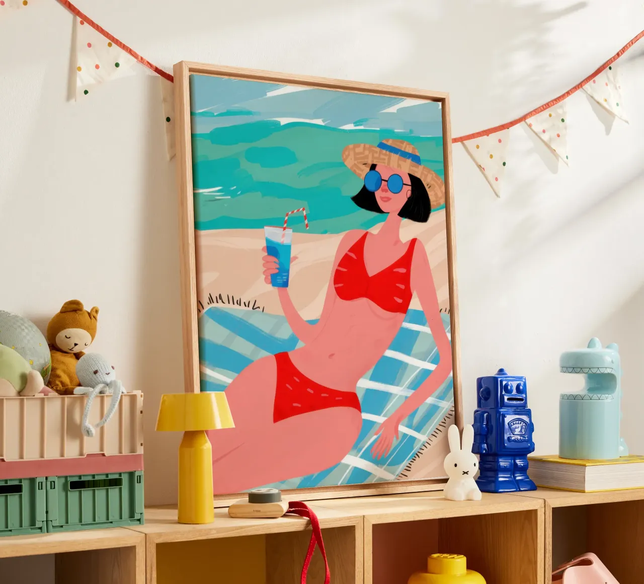 Seaside Reading Repose canvas with Floater frame by Snow Mist