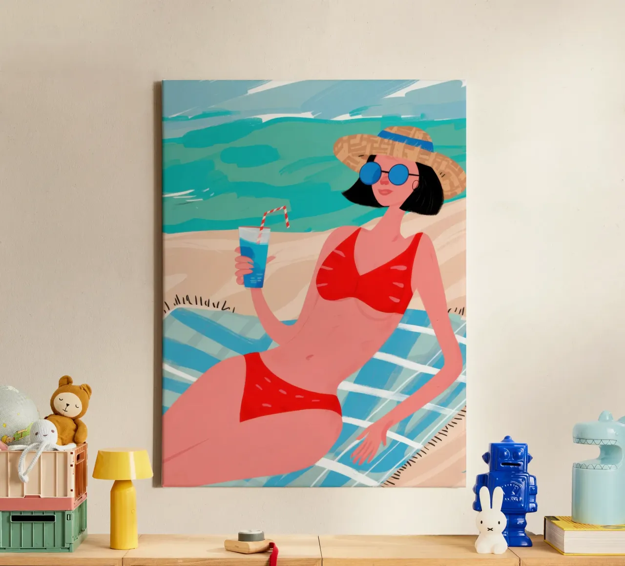 Seaside Reading Repose canvas with Floater frame by Snow Mist