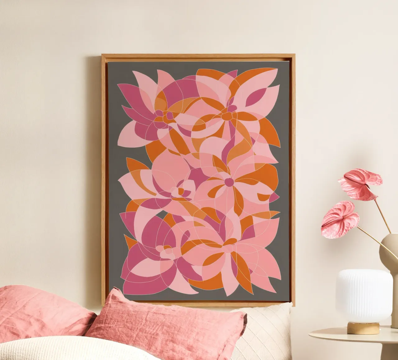 Abstracte bloemblaadjescascade canvas met Baklijst van Bruce Juice