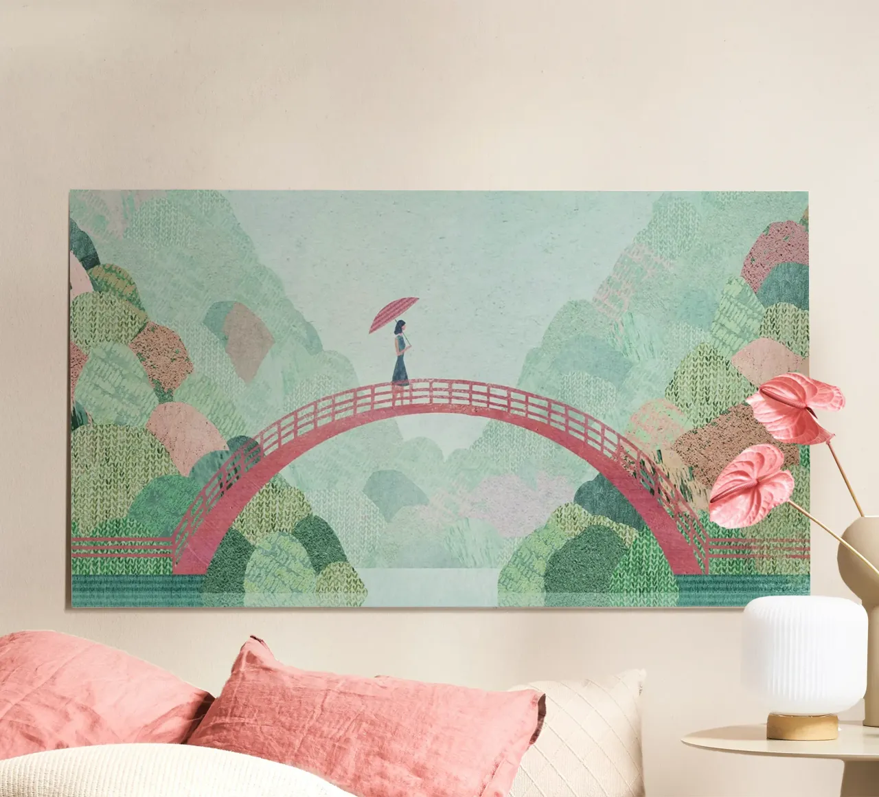 sentiero del ponte degli ombrelli per le donne poster con telaio in legno da unyil shope
