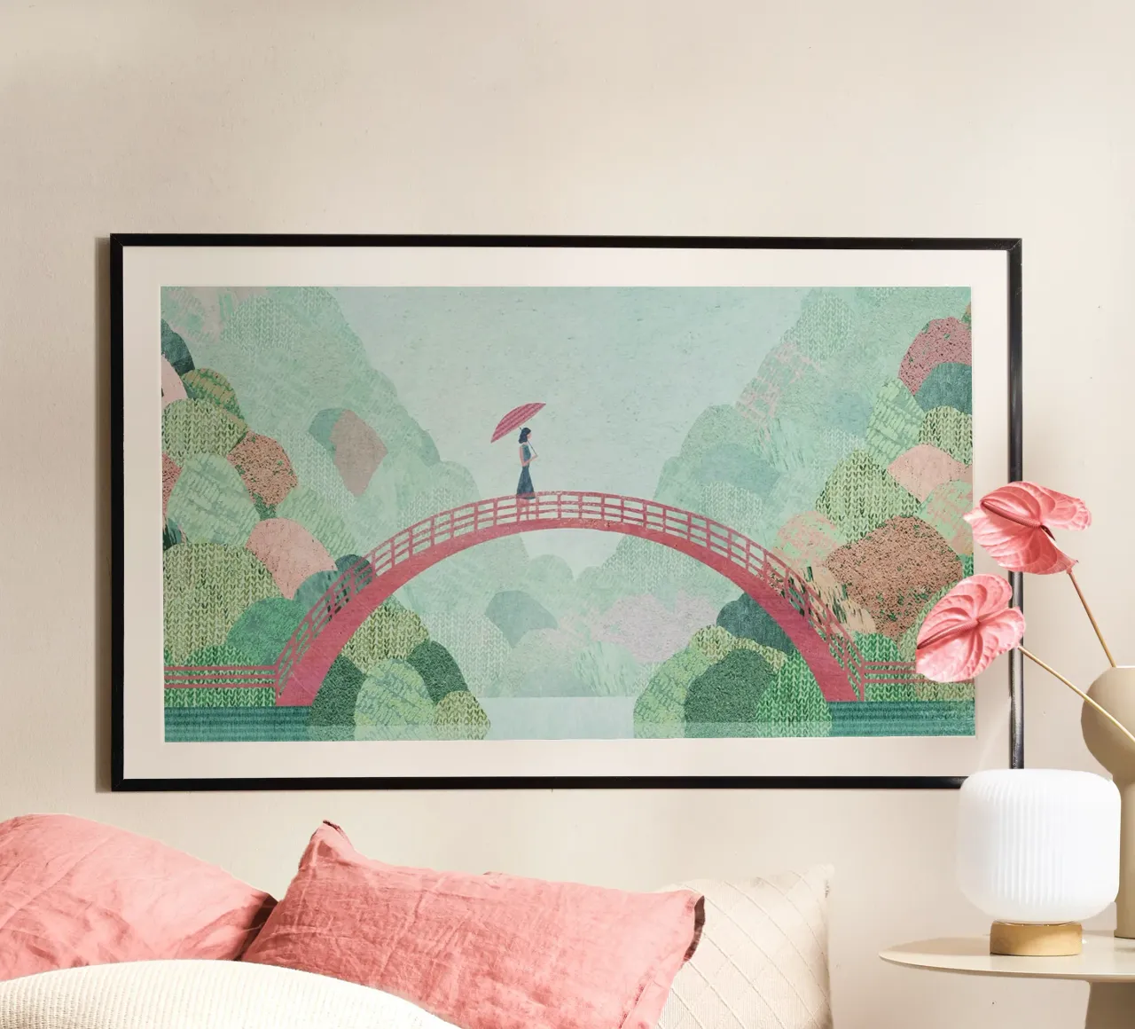 sentiero del ponte degli ombrelli per le donne poster con telaio in legno da unyil shope