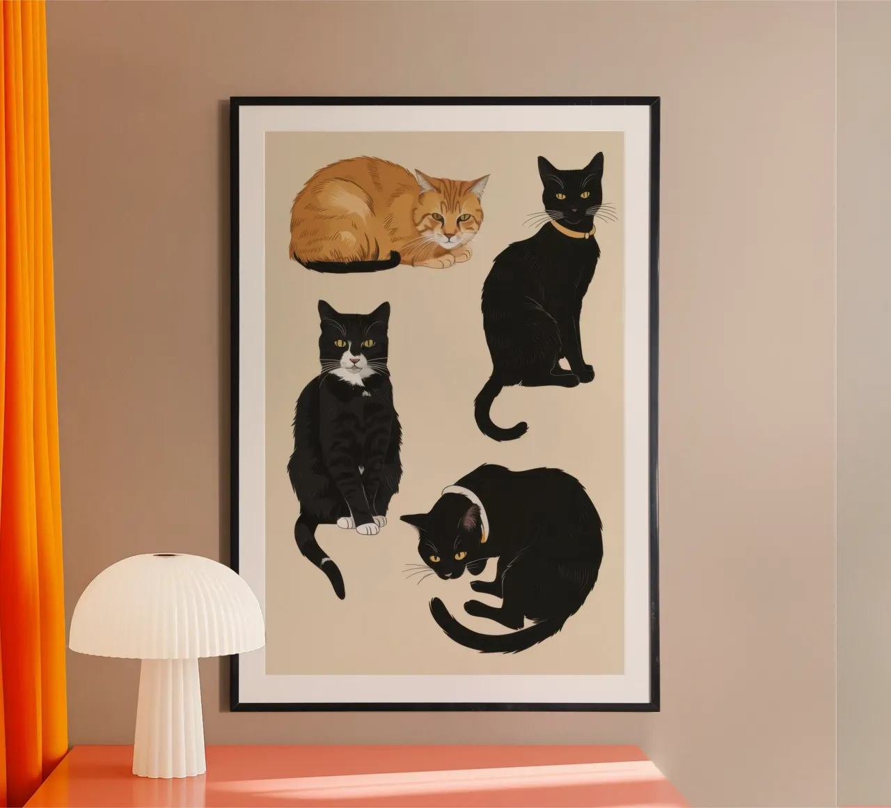 Quartetto di gatti Notturno poster con telaio in plastica da Bara Suara
