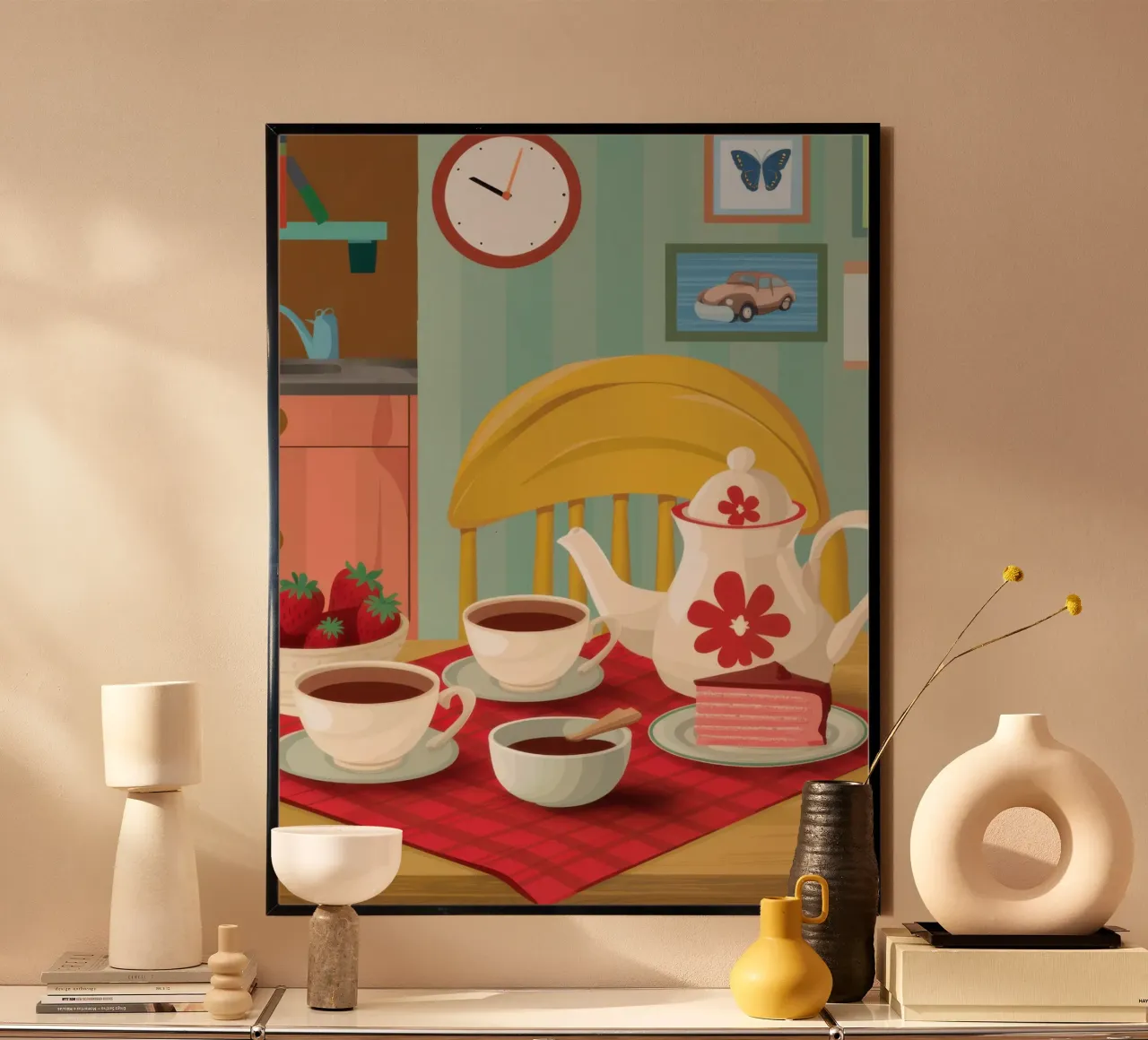 Ora del tè con le banane poster con telaio in plastica da Snow Mist
