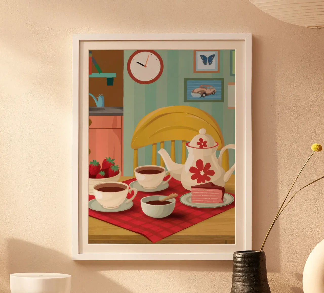 Ora del tè con le banane poster con telaio in plastica da Snow Mist