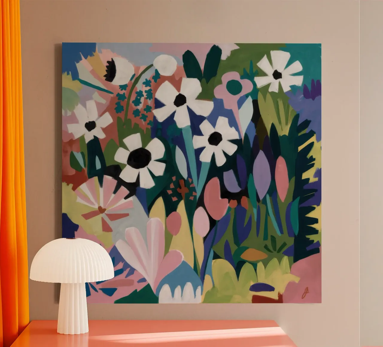 Abstracte wilde bloemenweide canvas met Baklijst van Astra Mist