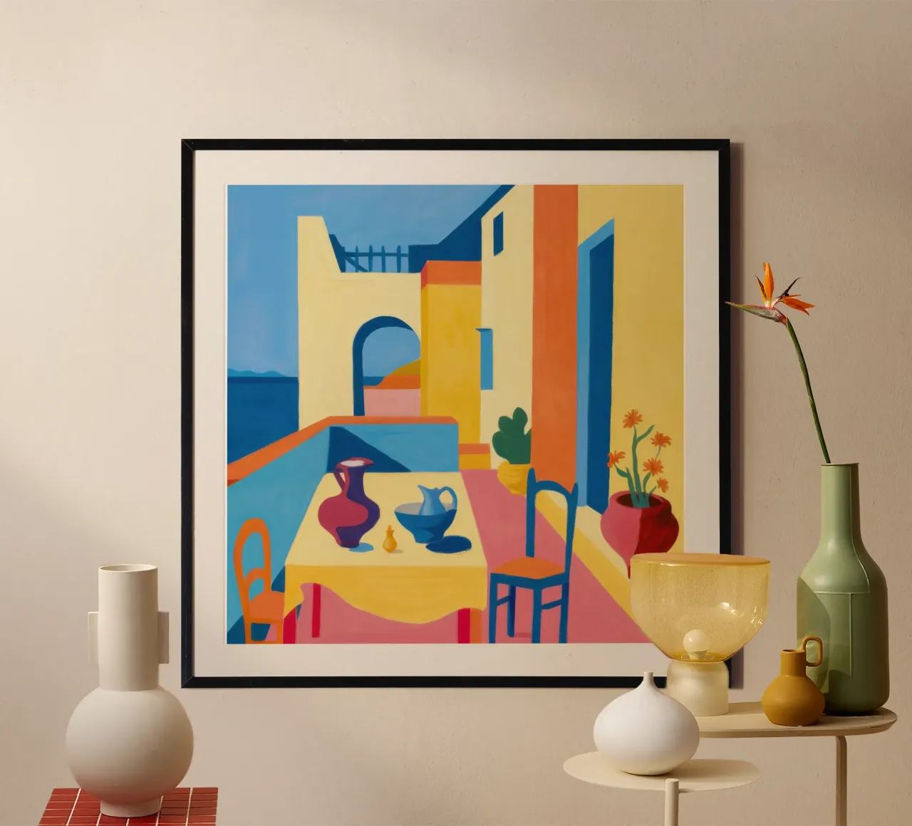 Camera illuminata dal sole in blu poster con telaio in legno da Bara Suara