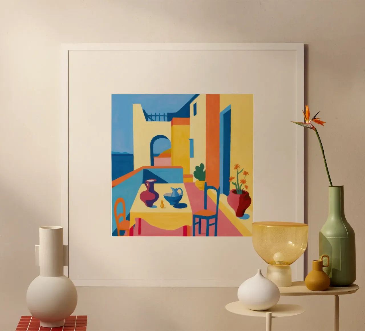Camera illuminata dal sole in blu poster con telaio in legno da Bara Suara