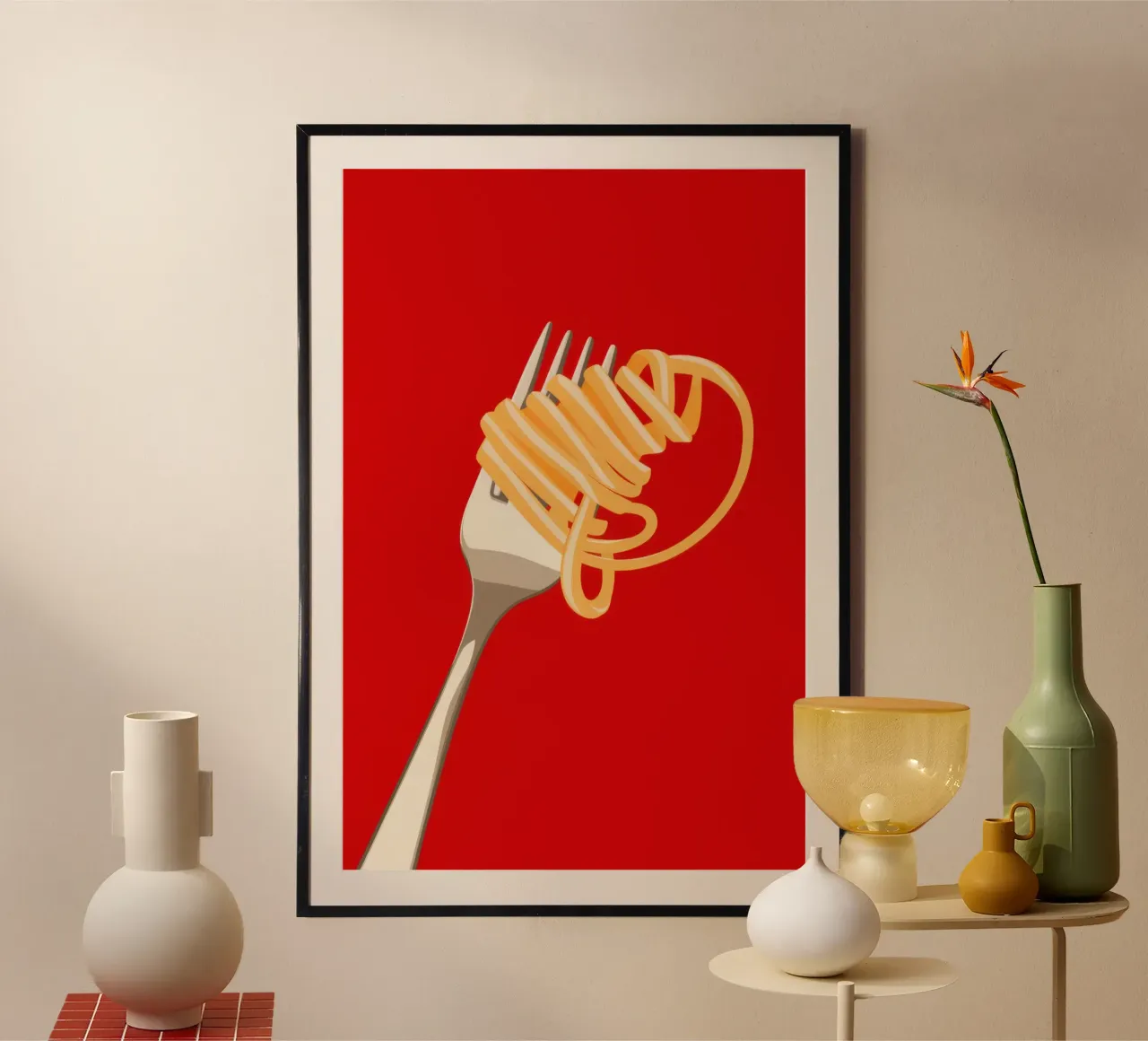 Una forchettata di spaghetti poster con telaio in legno da Bruce Juice