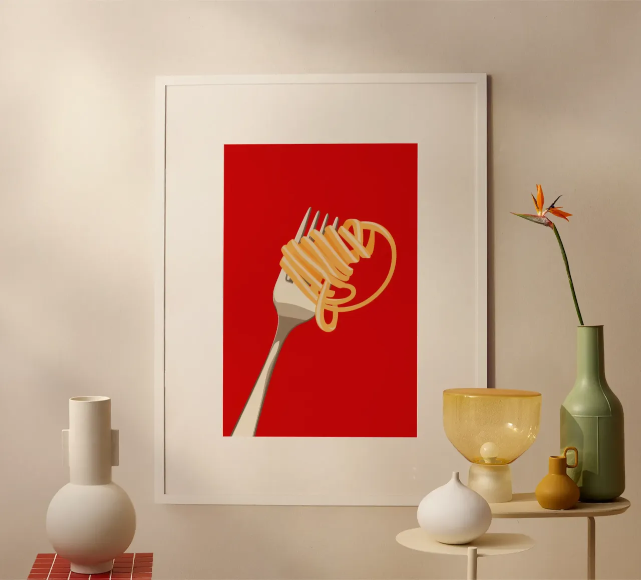 Una forchettata di spaghetti poster con telaio in legno da Bruce Juice