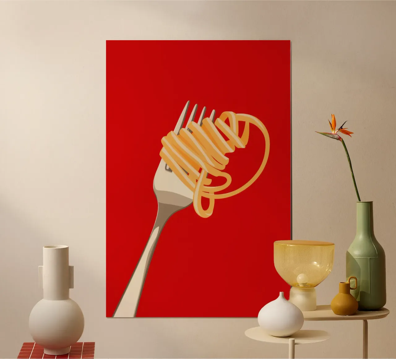Una forchettata di spaghetti poster con telaio in legno da Bruce Juice